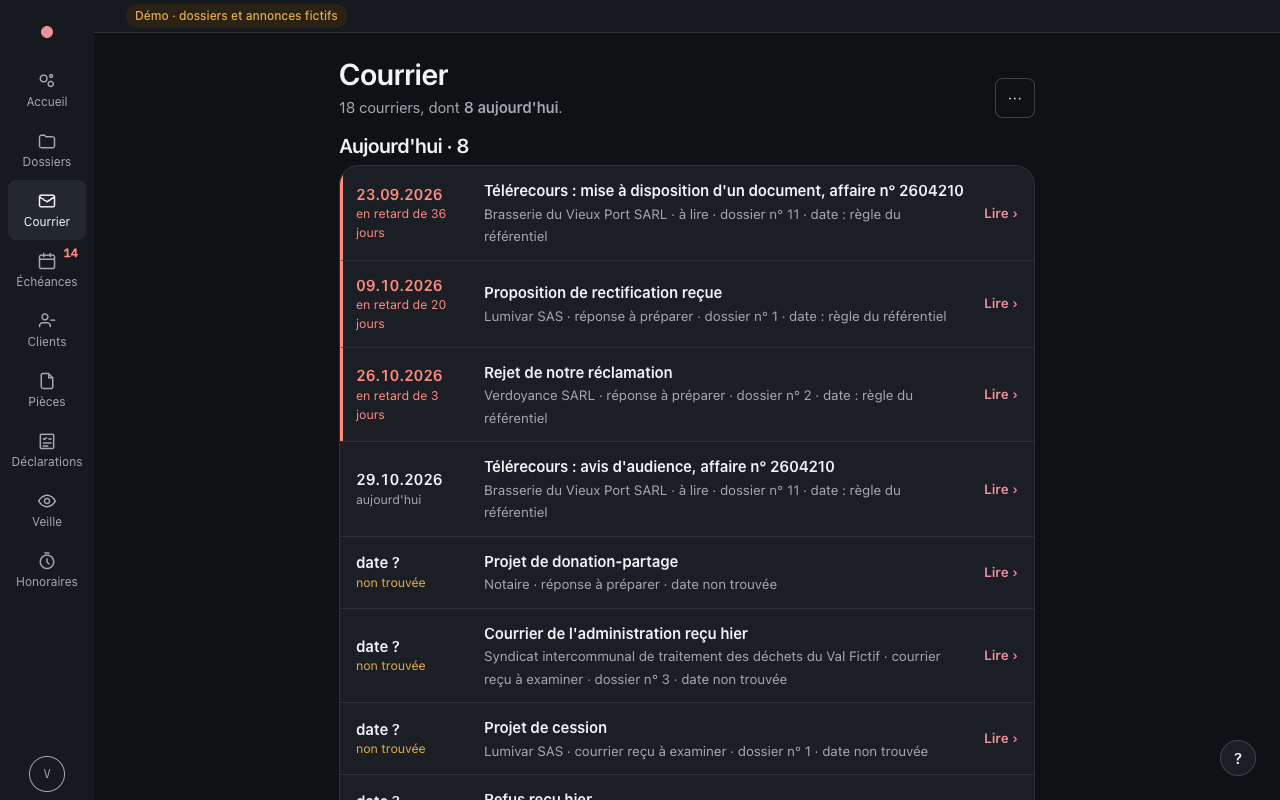 Capture d'écran : la correspondance classée automatiquement (dossiers fictifs)