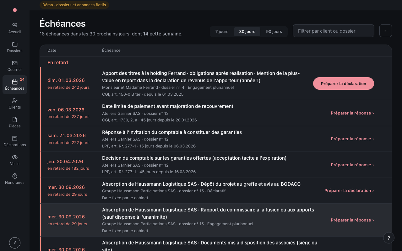 Capture d'écran : les délais de procédure calculés et suivis (dossiers fictifs)